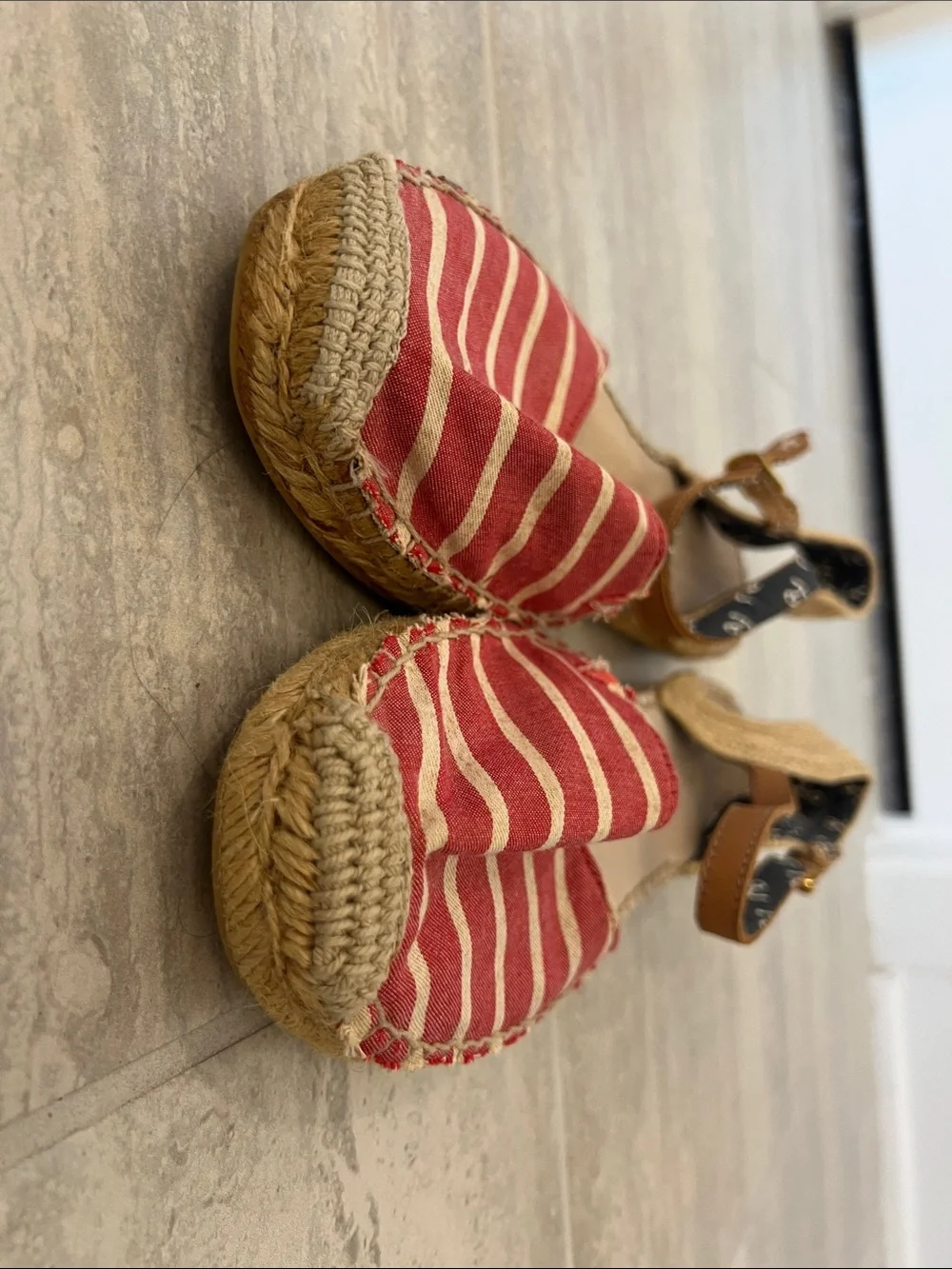 Sperry Red and Cream Striped Espadrille Sandals with Anchor-Print Ankle Strap